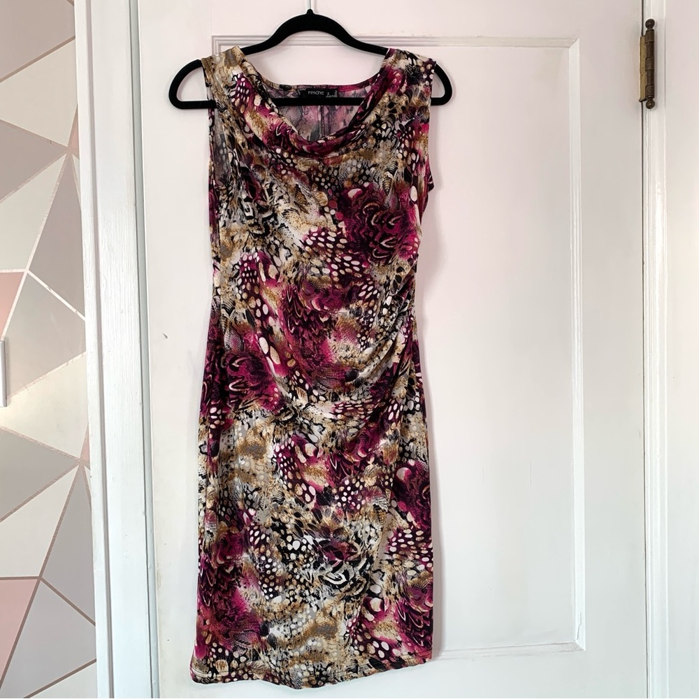 Y2K Dress Animal Print Stretch Pink Brown Vintage Party Cowl Neck Size Small